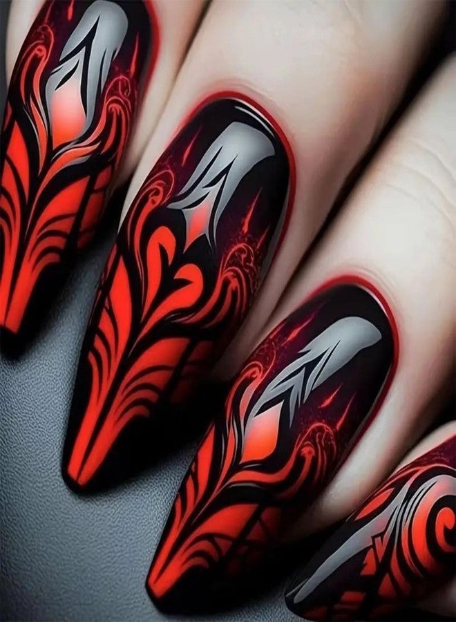 HJKDSFD 24Pcs Red Black Gradient Press on Nails Medium Almond Fake Nails Goth Valentines Glue on Nail Full Cover False Nails with Heart Stripes Designs Reusable Artificial Nails for Women Girls - Image 1